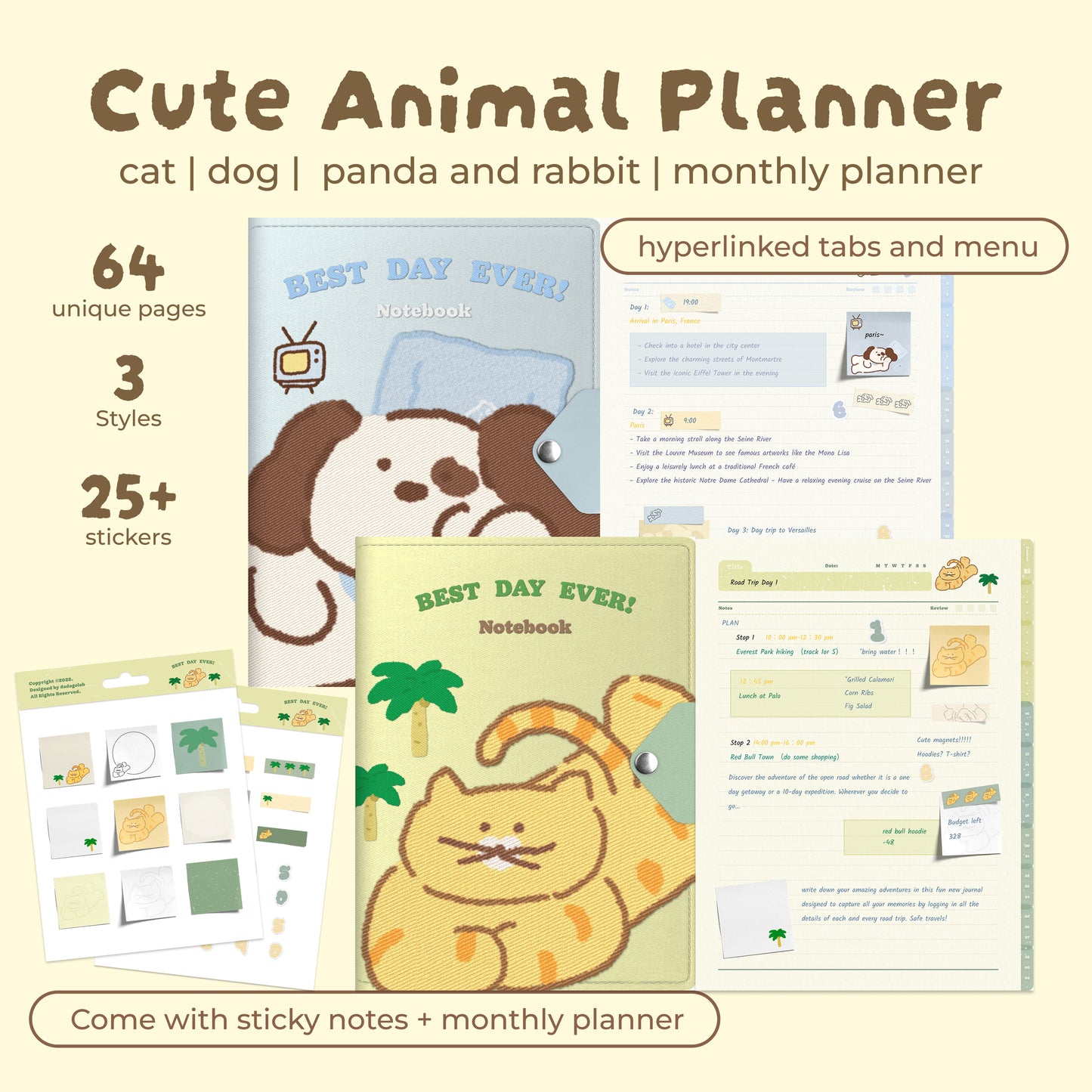 Cartoon Dog/Cat/Panda/Rabbit Digital Planner, Cute iPad Notebook, Goodnotes Journal, Cornell Notes, Hyperlinked Study Planner, Aesthetic Digital Stationery
