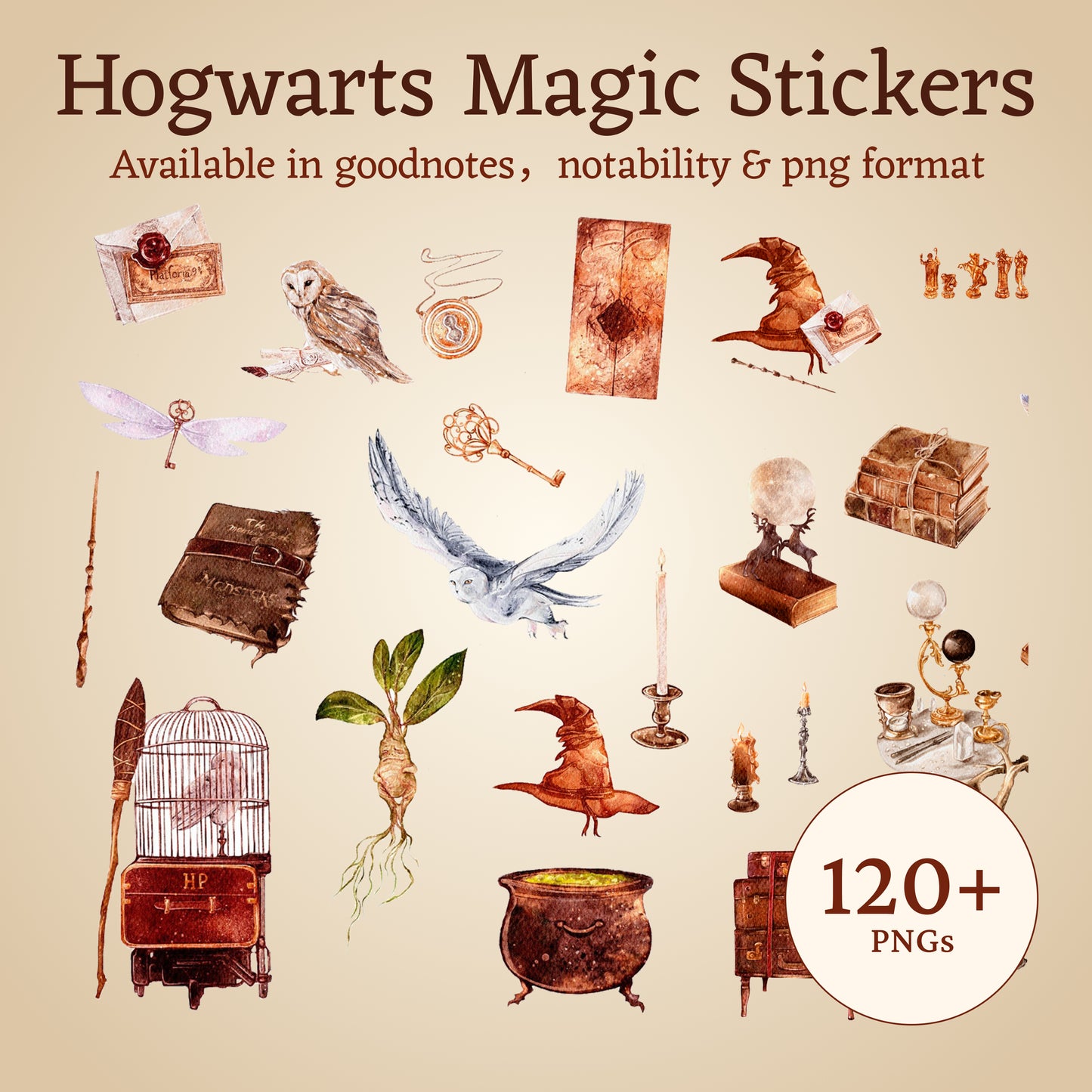 Hogwarts Illustrated Digital Sticker Pack – 123 HP Magic world Stickers Come with Goodnotes, Notability & PNG formats