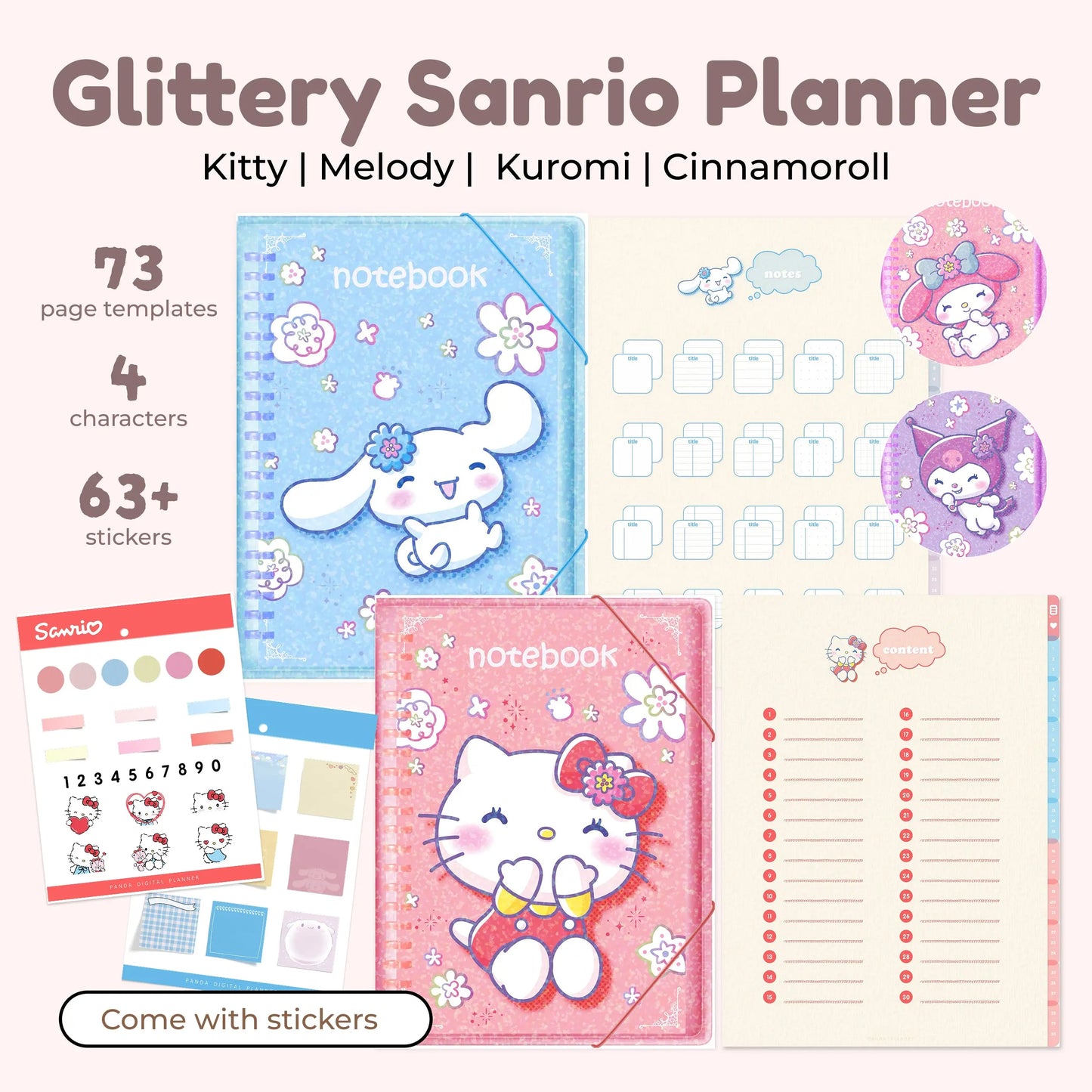 Glittery Spiral Sanrio Character Digital Planner,hellokitty,kuromi,cinnamoroll,melody,  Hyperlinked Goodnotes & Notability Journal Simple Planner