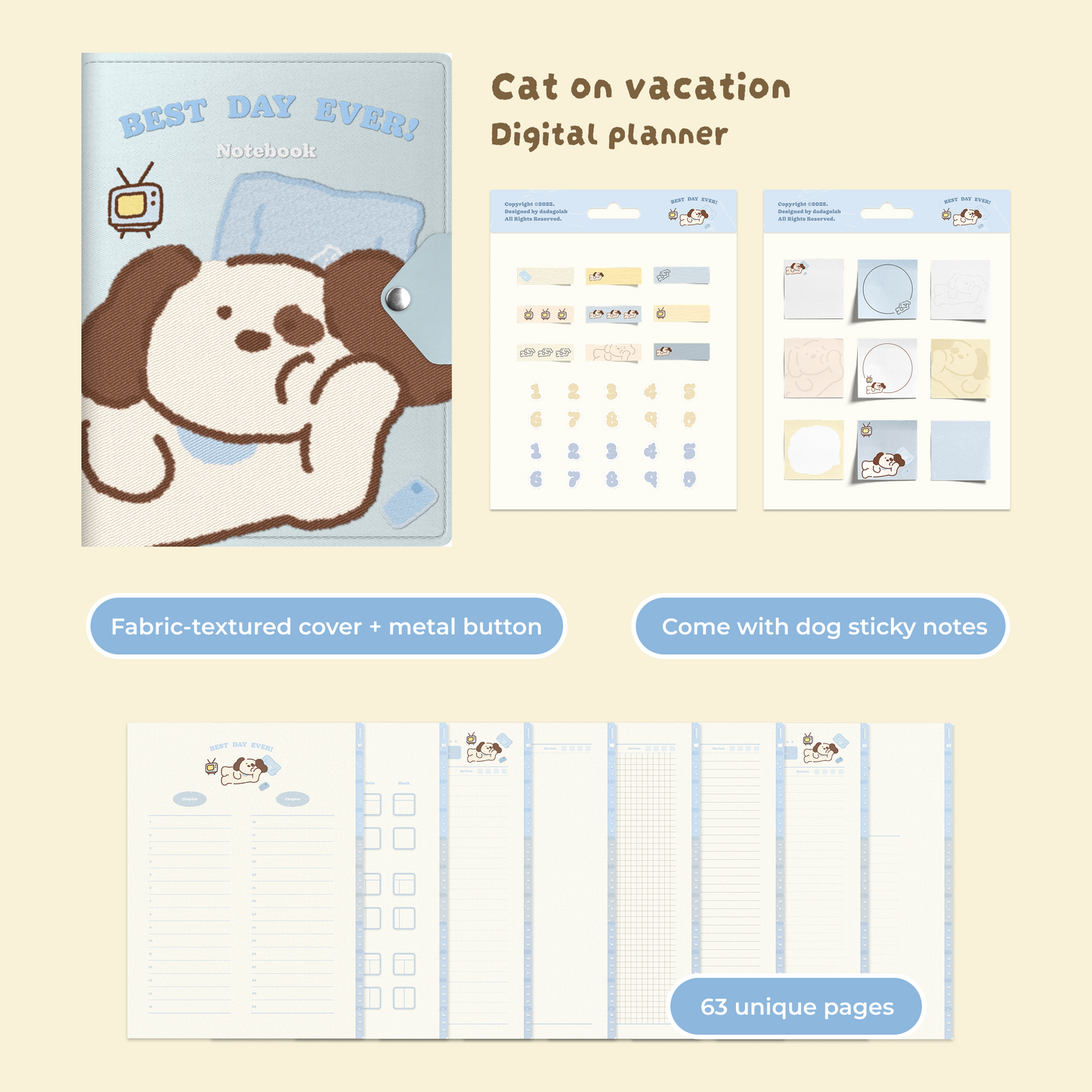 Cartoon Dog/Cat/Panda/Rabbit Digital Planner, Cute iPad Notebook, Goodnotes Journal, Cornell Notes, Hyperlinked Study Planner, Aesthetic Digital Stationery