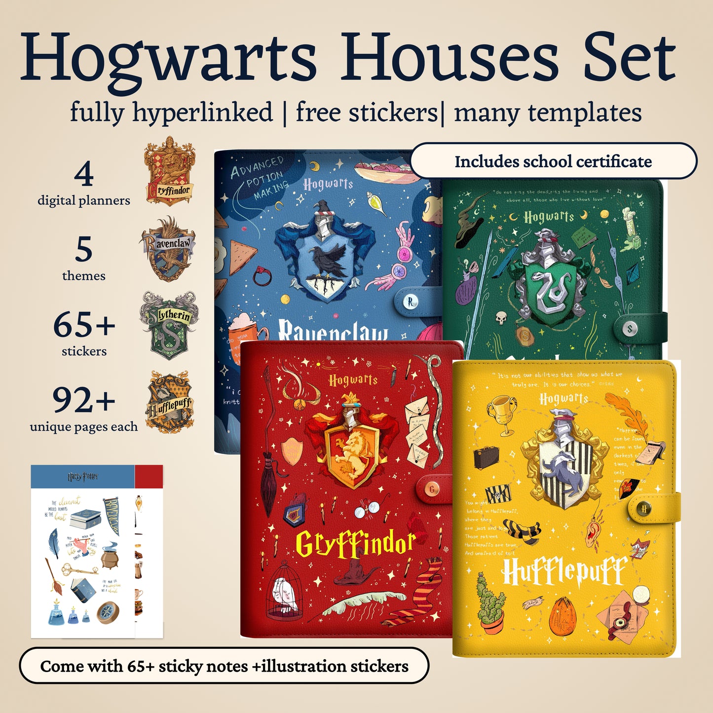 Hogwarts Houses Illustrated Digital Planners – Hyperlinked Notebooks with Stickers (Gryffindor, Slytherin, Ravenclaw, Hufflepuff), Notability, GoodnotesNotes, Notion compatible, ipad
