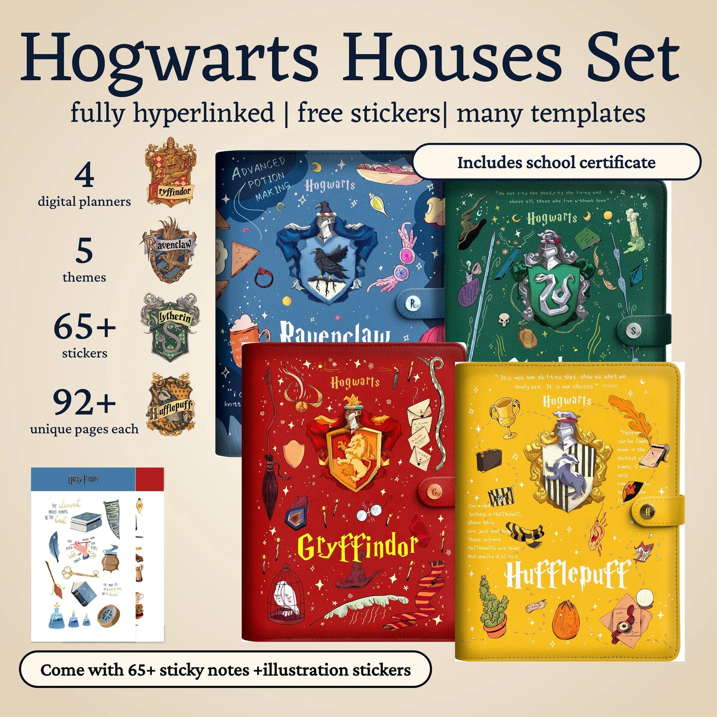 Hogwarts Houses Illustrated Planners – Hyperlinked Notebooks with Stickers (4 House Themes) Simple Planner