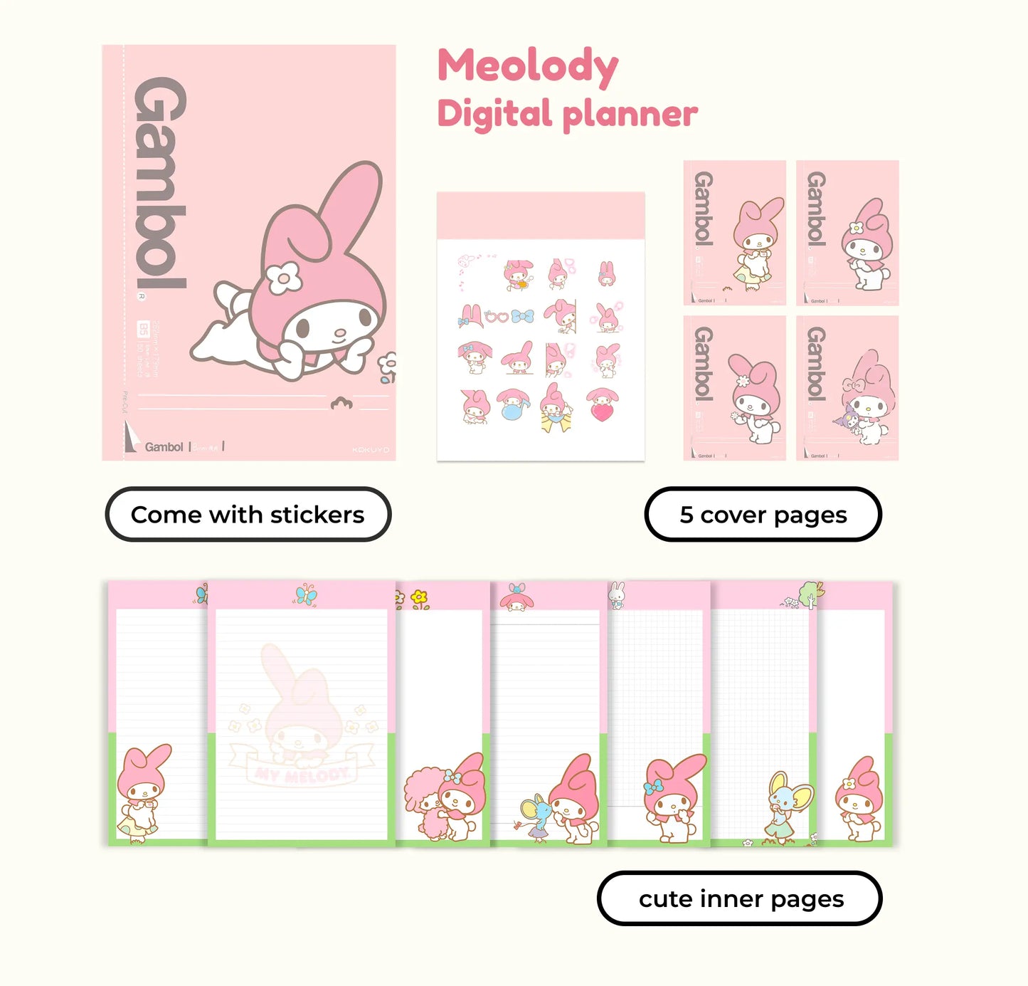Kawaii Kitty Digital Planner – Kuromi,Kitty,Cinnamoroll,Melody Sanrio Character Planner Simple Planner