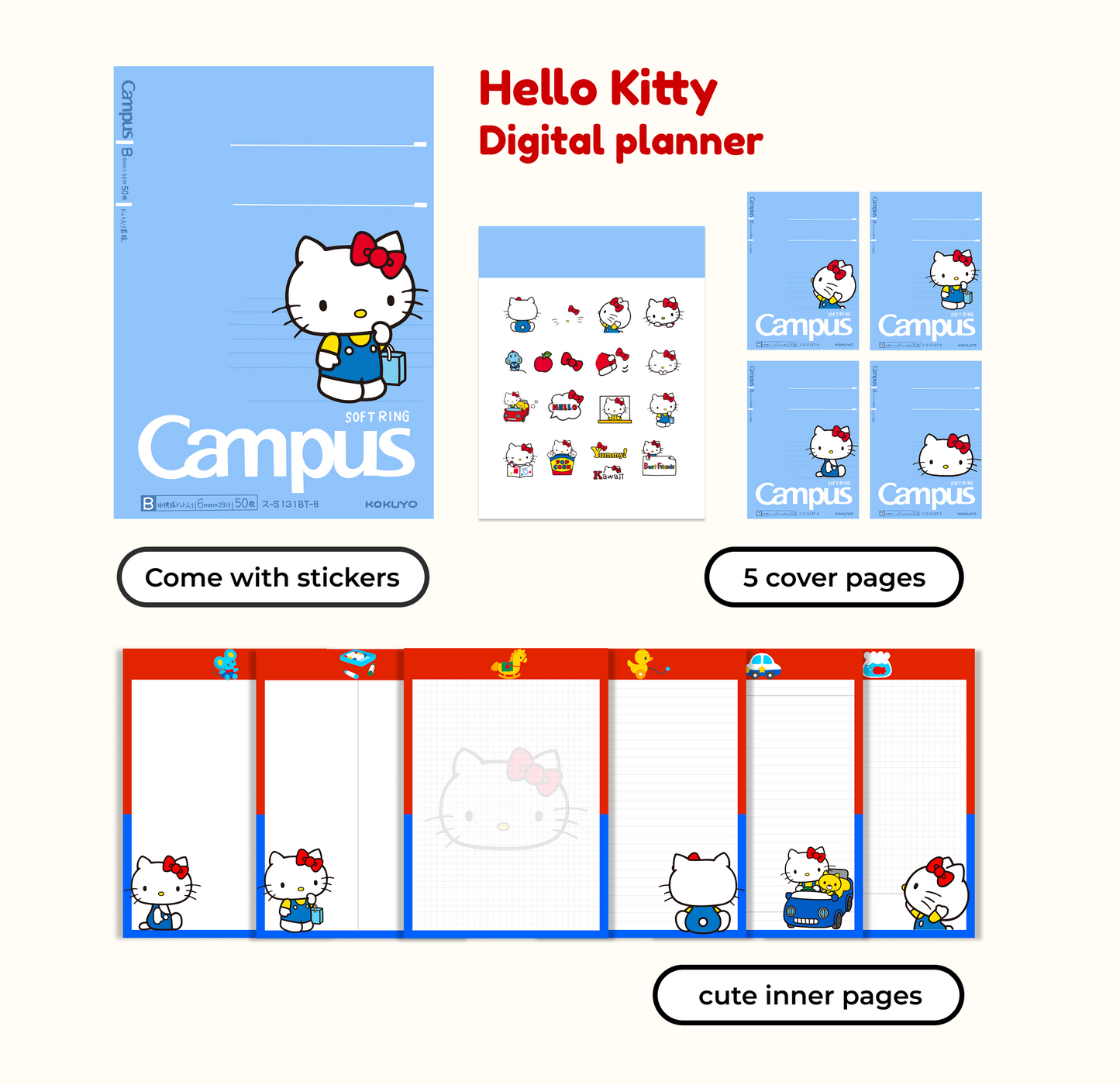 Kawaii Kitty Digital Planner – Kawaii iPad Notebook, Goodnotes Journal,Notability, Gambol Planner, Campus Planner, Cute Study Notebook, Aesthetic Digital Stationery,DIgital Planner