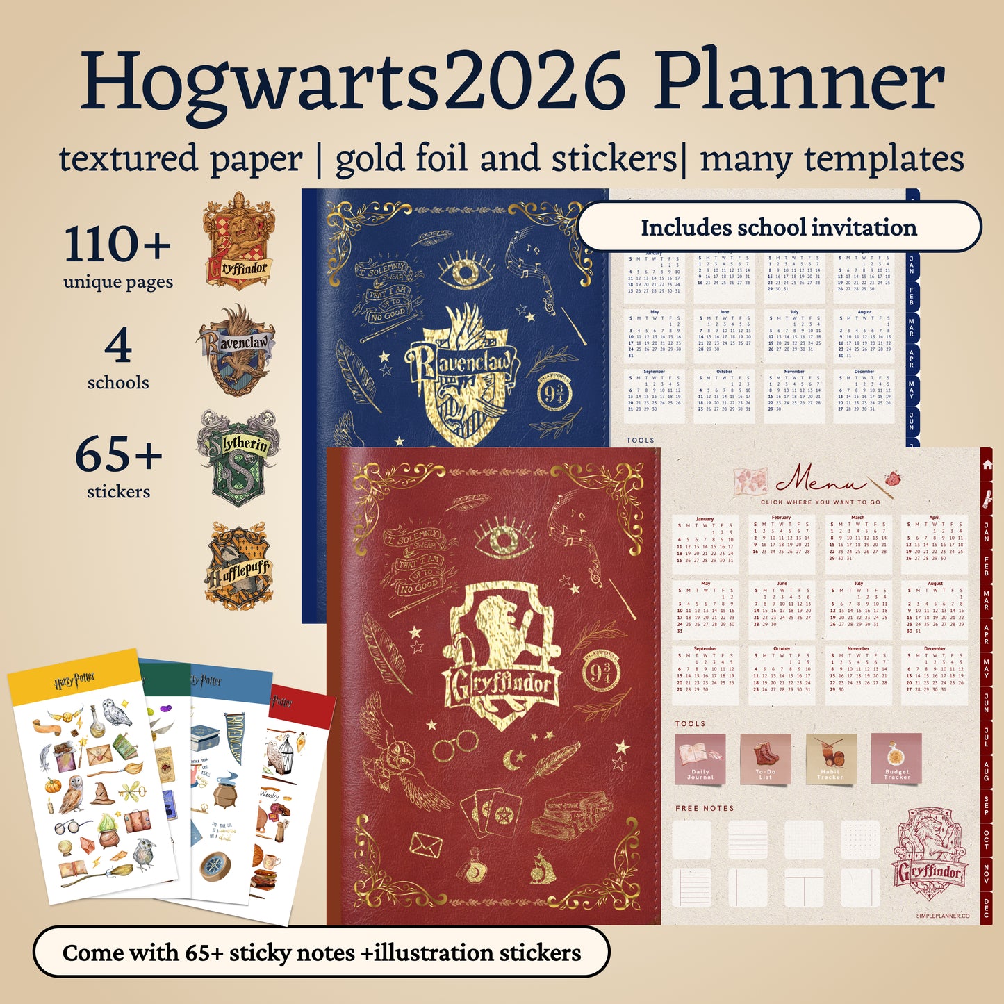 Hogwarts Houses 2026 Yearly Digital Planner,Grynffindor,Hufflepuff,Ravenclaw,Slytherin