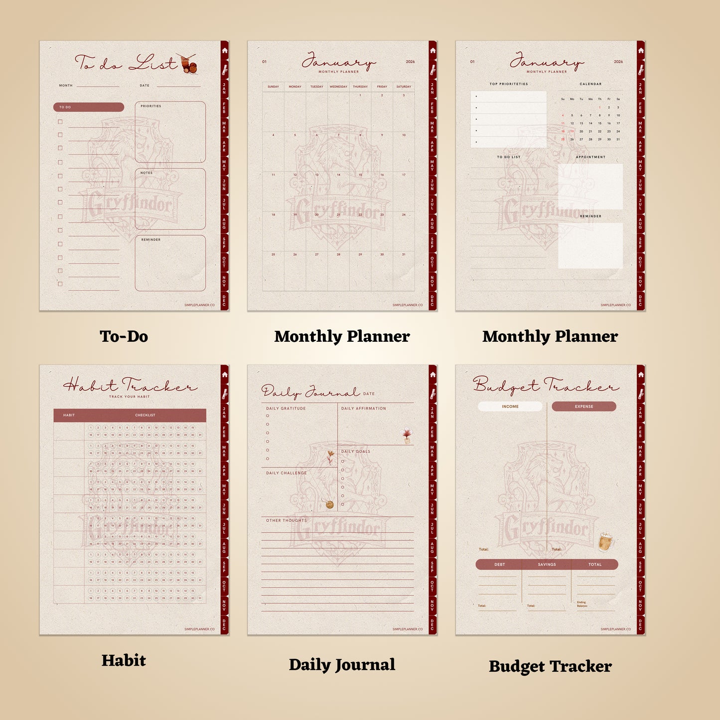 Hogwarts Houses 2026 Yearly Digital Planner,Grynffindor,Hufflepuff,Ravenclaw,Slytherin