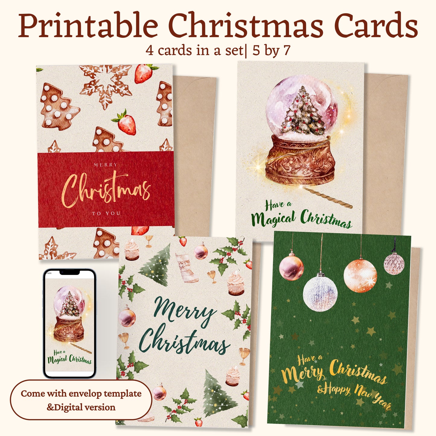 Printable Christmas Card Set | 4 Holiday Designs + Envelope Template + Digital Version
