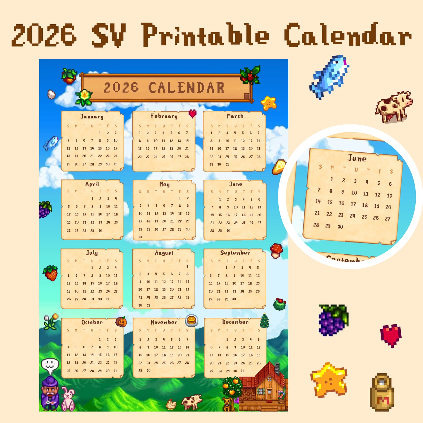 Stardew Valley Planner-Inspired 2026 Yearly Calendar,Printable