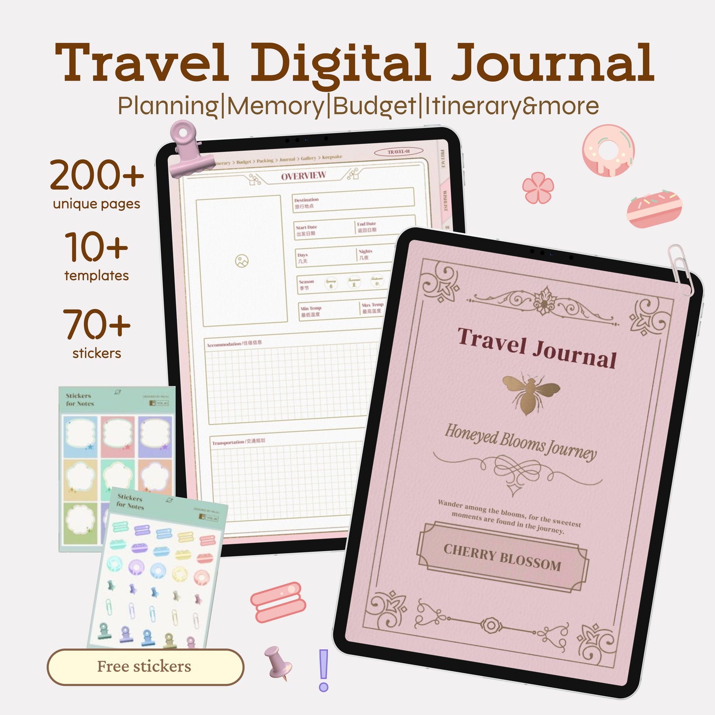 Pink Travel Digital Planner | 200+ Pages | Stickers Included