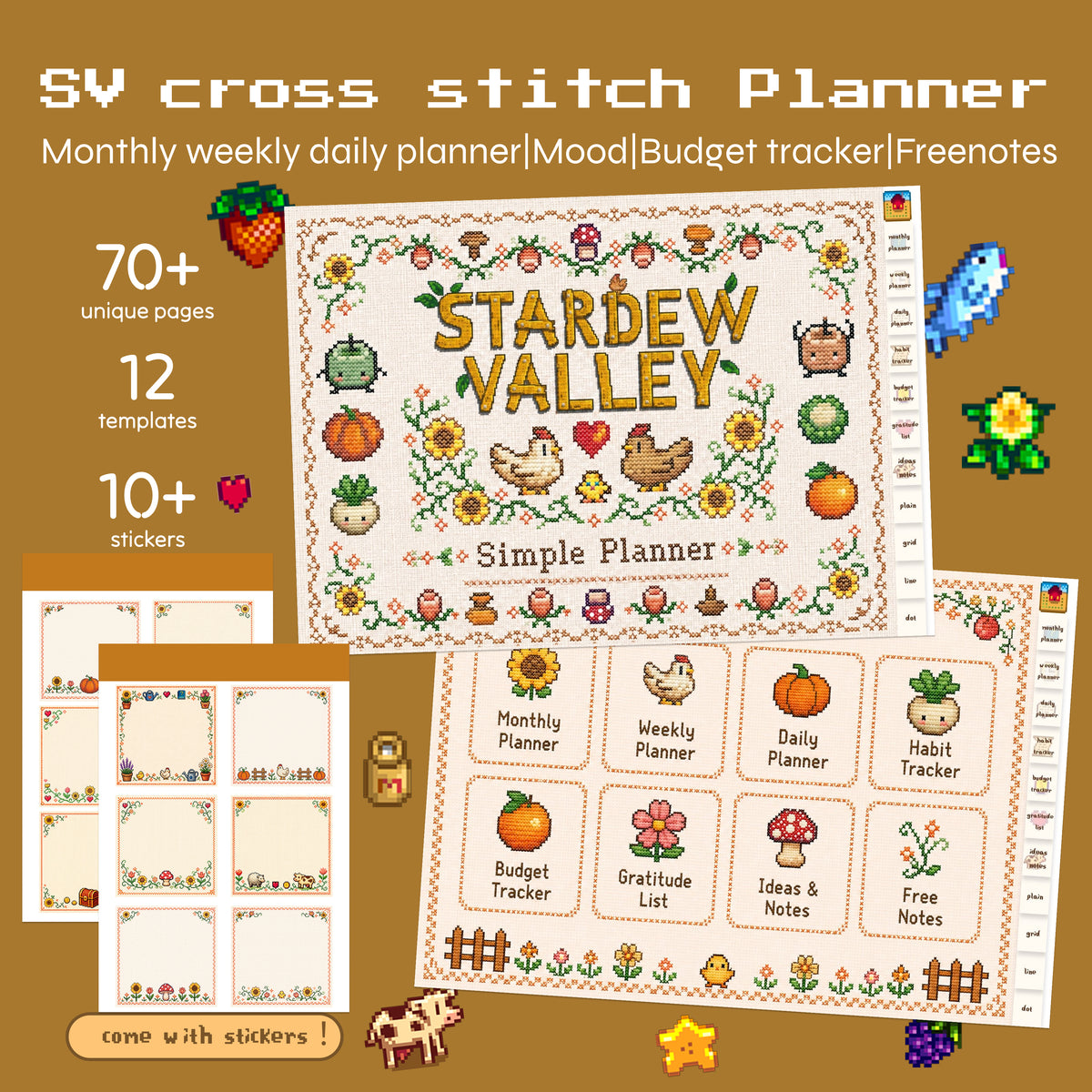 Stardew Valley cross stitch digital planner bundle with 70+ pages, planner templates and embroidered sticky notes