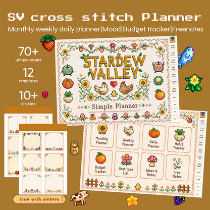 Stardew Valley cross stitch digital planner bundle with 70+ pages, planner templates and embroidered sticky notes