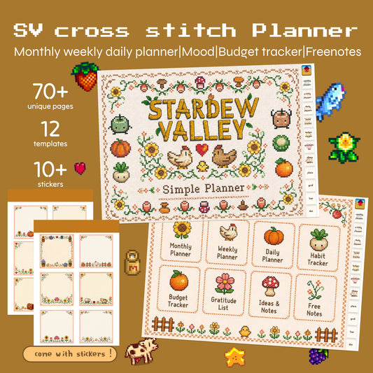 Stardew Valley cross stitch digital planner bundle with 70+ pages, planner templates and embroidered sticky notes