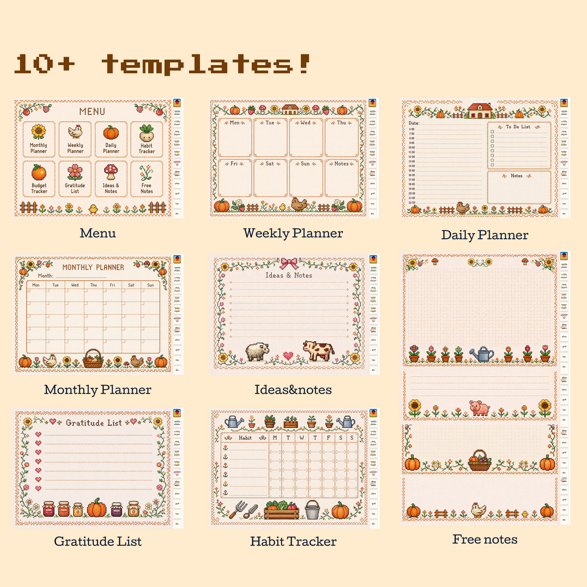 Stardew Valley cross stitch planner templates for GoodNotes, including monthly, weekly, daily, habit, budget and notes pages