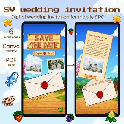 Stardew Valley pixel wedding invitation, editable Canva template