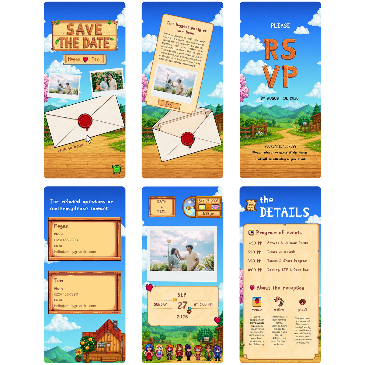 Pixel farm style wedding invite with editable text fields in Canva