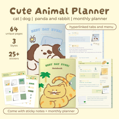 Cartoon Dog/Cat/Panda/Rabbit Digital Planner, Cute iPad Notebook, Goodnotes Journal, Cornell Notes, Hyperlinked Study Planner, Aesthetic Digital Stationery
