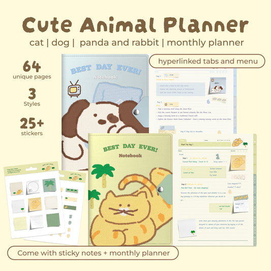 Cartoon Dog/Cat/Panda/Rabbit Digital Planner, Cute iPad Notebook, Goodnotes Journal, Cornell Notes, Hyperlinked Study Planner, Aesthetic Digital Stationery