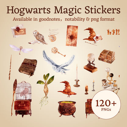 Hogwarts Illustrated Digital Sticker Pack – 123 HP Magic world Stickers Come with Goodnotes, Notability & PNG formats