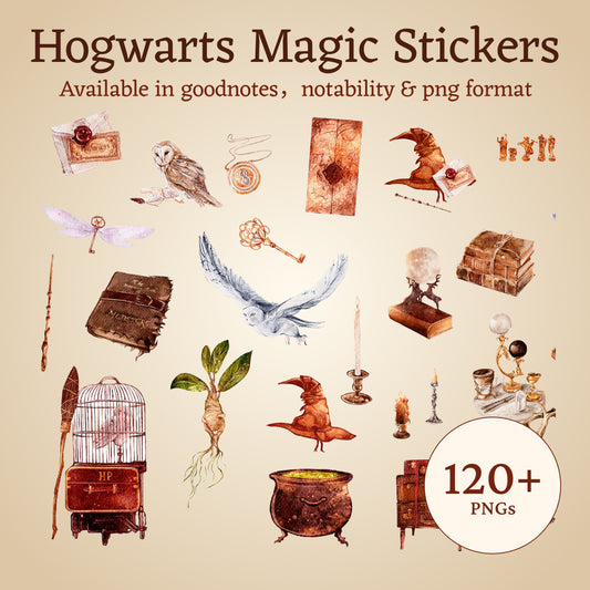 Hogwarts Illustrated Digital Sticker Pack – 123 HP Magic world Stickers Come with Goodnotes, Notability & PNG formats