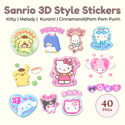 Sanrio 3D style sticker pack,40 png stickers(kitty\kuromi\melody\cinnamoroll\PomPomPurin\Pochacco,Notability,Goodnotes,ipad&tablets compatible stickers