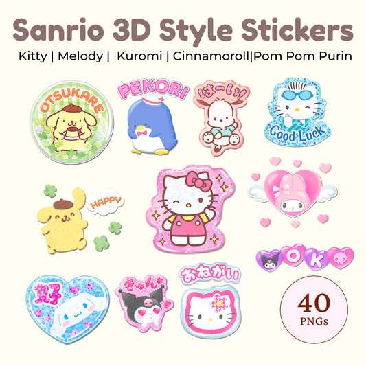 Sanrio 3D style sticker pack,40 png stickers(kitty\kuromi\melody\cinnamoroll\PomPomPurin\Pochacco,Notability,Goodnotes,ipad&tablets compatible stickers