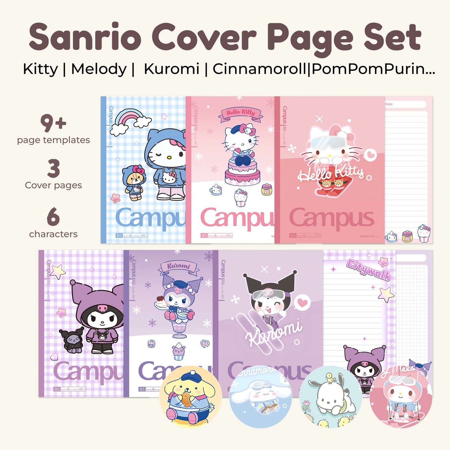 Sanrio-Inspired Digital Planner Covers+inner page pack –（kitty,kuromi,melody,cinnamoroll,pompompurin,pochaco) Cozy Ski, Desserts, Plaids & More (Goodnotes, Notability, iPad,TabletCompatible)