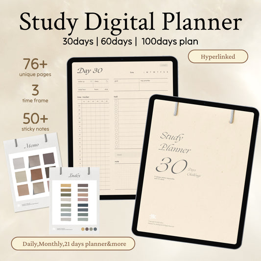 30/60/100days study digital planner,daily planner,monthly planner,21days tracker,semester plan,ipad,tablet,goodnotes,notability compatible