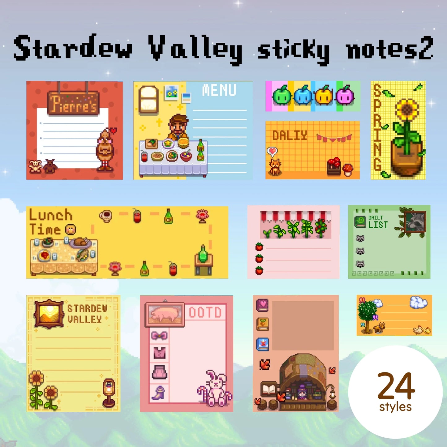 Stardew Valley Digital Sticky Notes2 – 24 Vibrant Styles | Goodnotes, Notability, iPad & Tablet Compatible Simple Planner