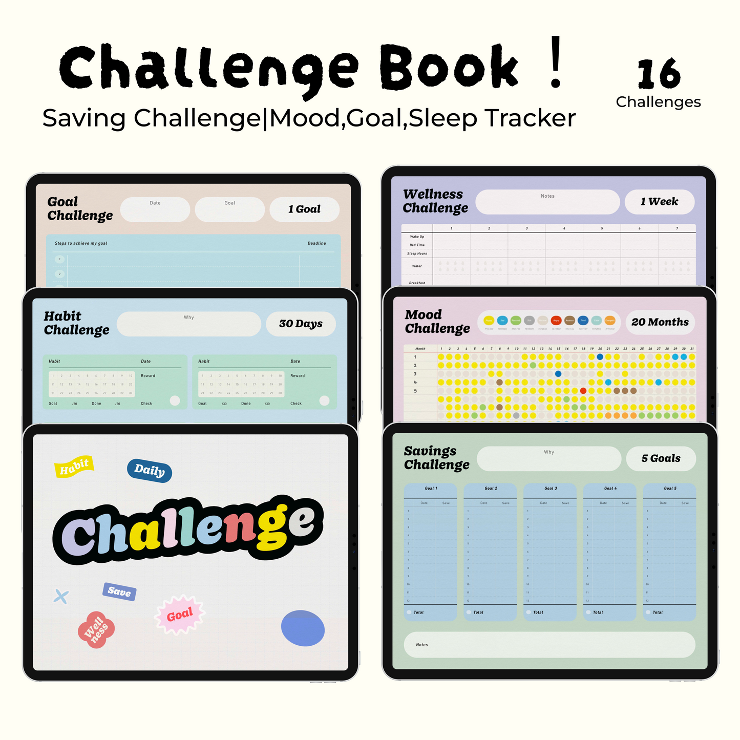 Digital Challenge book(Printable),Includes Saving challenge,Mood tracker,Habit Tracker,Goal Tracker, Sleep Tracker&More