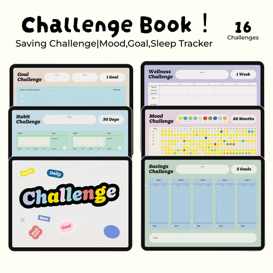 Digital Challenge book(Printable),Includes Saving challenge,Mood tracker,Habit Tracker,Goal Tracker, Sleep Tracker&More