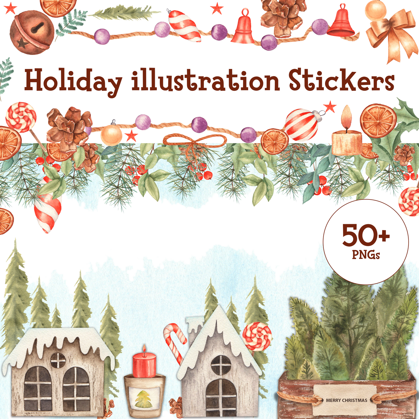 Christmas illustrated stickers| 50+ pngs Frames + Backgrounds Included
