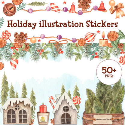 Christmas illustrated stickers| 50+ pngs Frames + Backgrounds Included