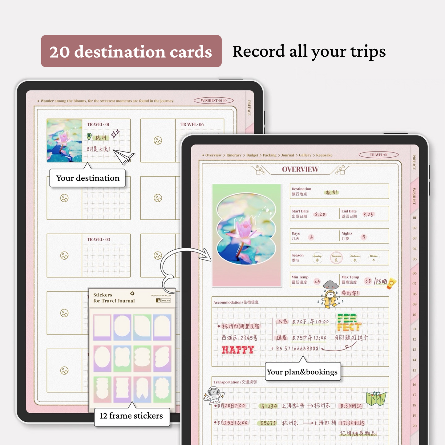 Pink Travel Digital Planner | 200+ Pages | Stickers Included