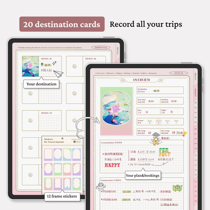 Pink Travel Digital Planner | 200+ Pages | Stickers Included