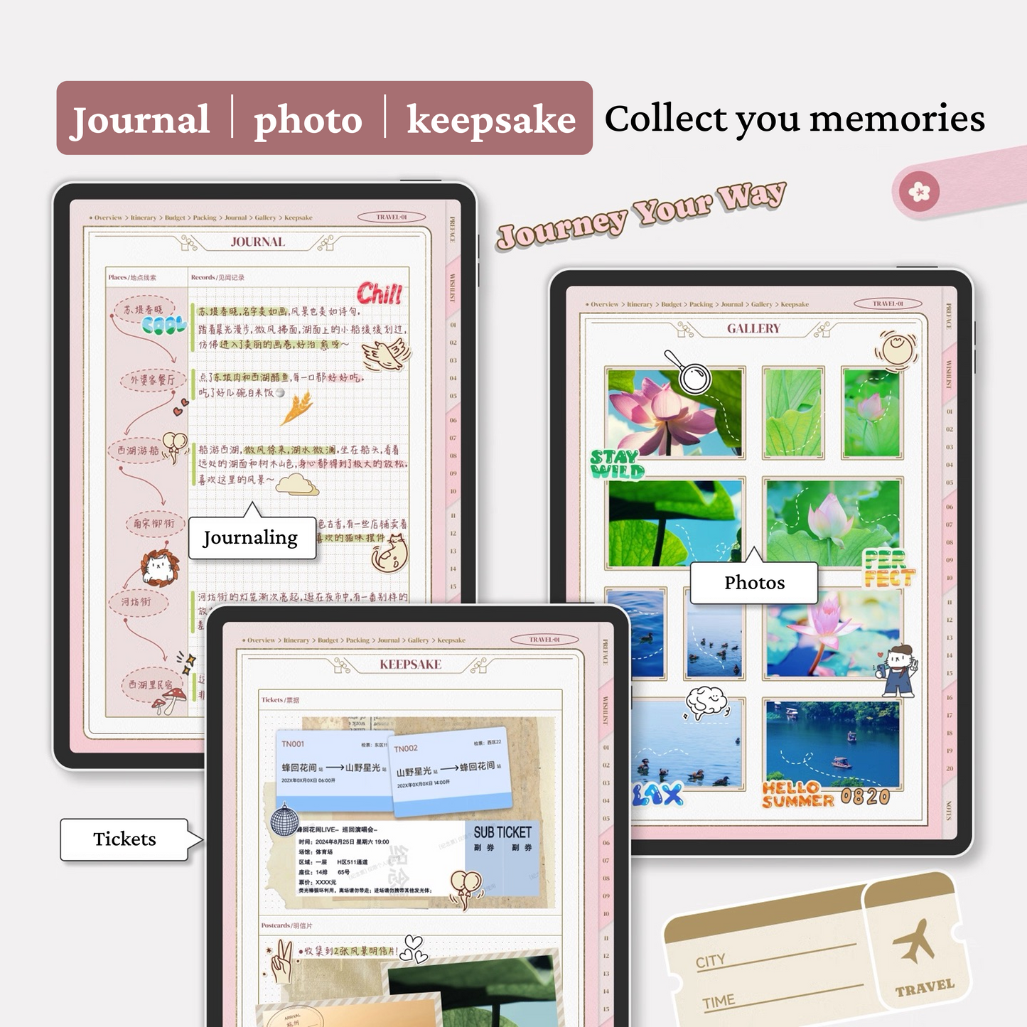 Pink Travel Digital Planner | 200+ Pages | Stickers Included