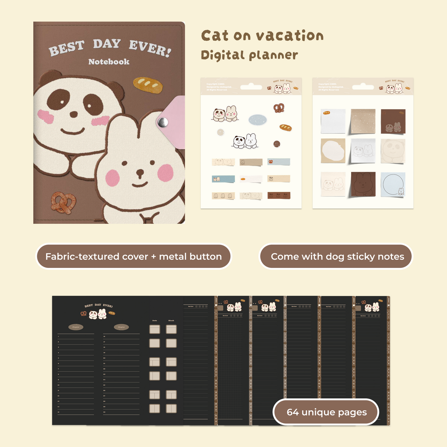 Cartoon Dog/Cat/Panda/Rabbit Digital Planner, Cute iPad Notebook, Goodnotes Journal, Cornell Notes, Hyperlinked Study Planner, Aesthetic Digital Stationery
