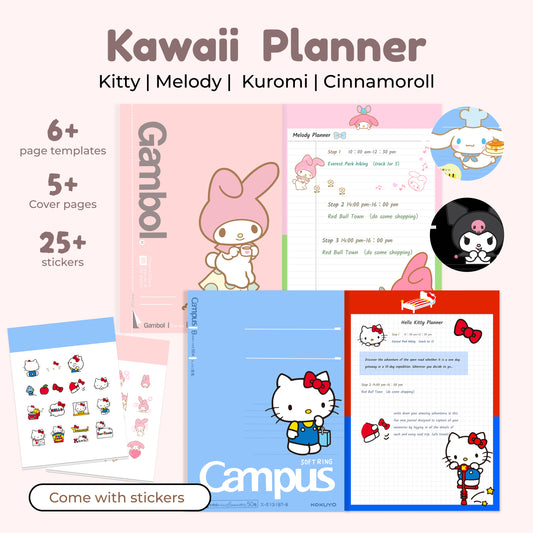 Glittery Spiral Kawaii Character Digital Planner, Hyperlinked Goodnotes & Notability Journal