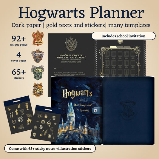 Hogwarts Illustration Digital Planner, Harry Potter iPad Journal, Gryffindor Slytherin Ravenclaw Hufflepuff Planner, Dark Paper, Hyperlinked Digital Organizer, Magic-Themed Study Template