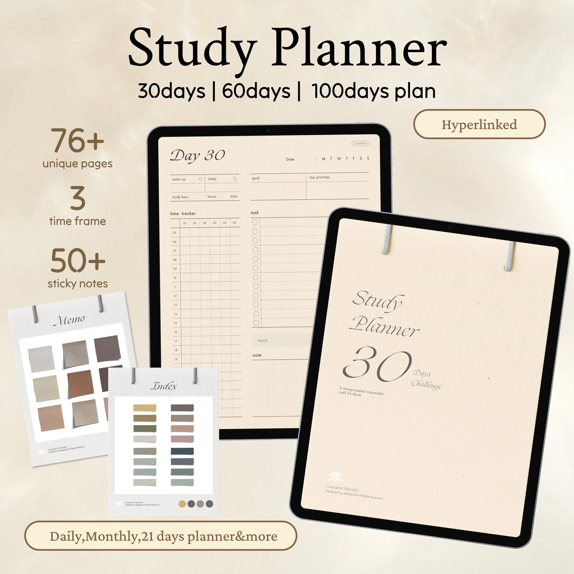 30/60/100days study planner,daily planner,monthly planner,21days tracker,semester plan,ipad,tablet,goodnotes,notability compatible Simple Planner
