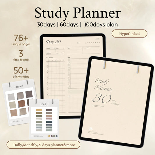 30/60/100days study planner,daily planner,monthly planner,21days tracker,semester plan,ipad,tablet,goodnotes,notability compatible Simple Planner