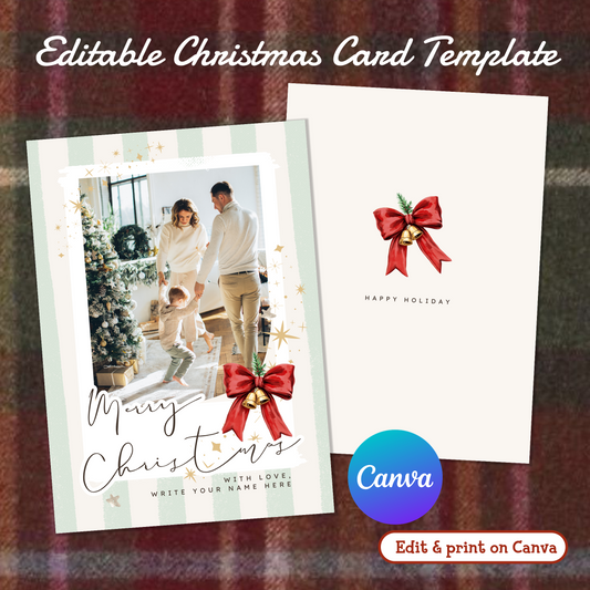 🎄 Editable Family Photo Christmas Card （Christmas Stripe）Canva Template