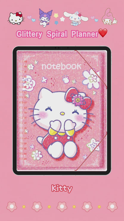 Glittery Spiral Sanrio Character Digital Planner,hellokitty,kuromi,cinnamoroll,melody, Kawaii Notebook for iPad, tablet,Goodnotes & Notability Journal, Hyperlinked Digital Stationery
